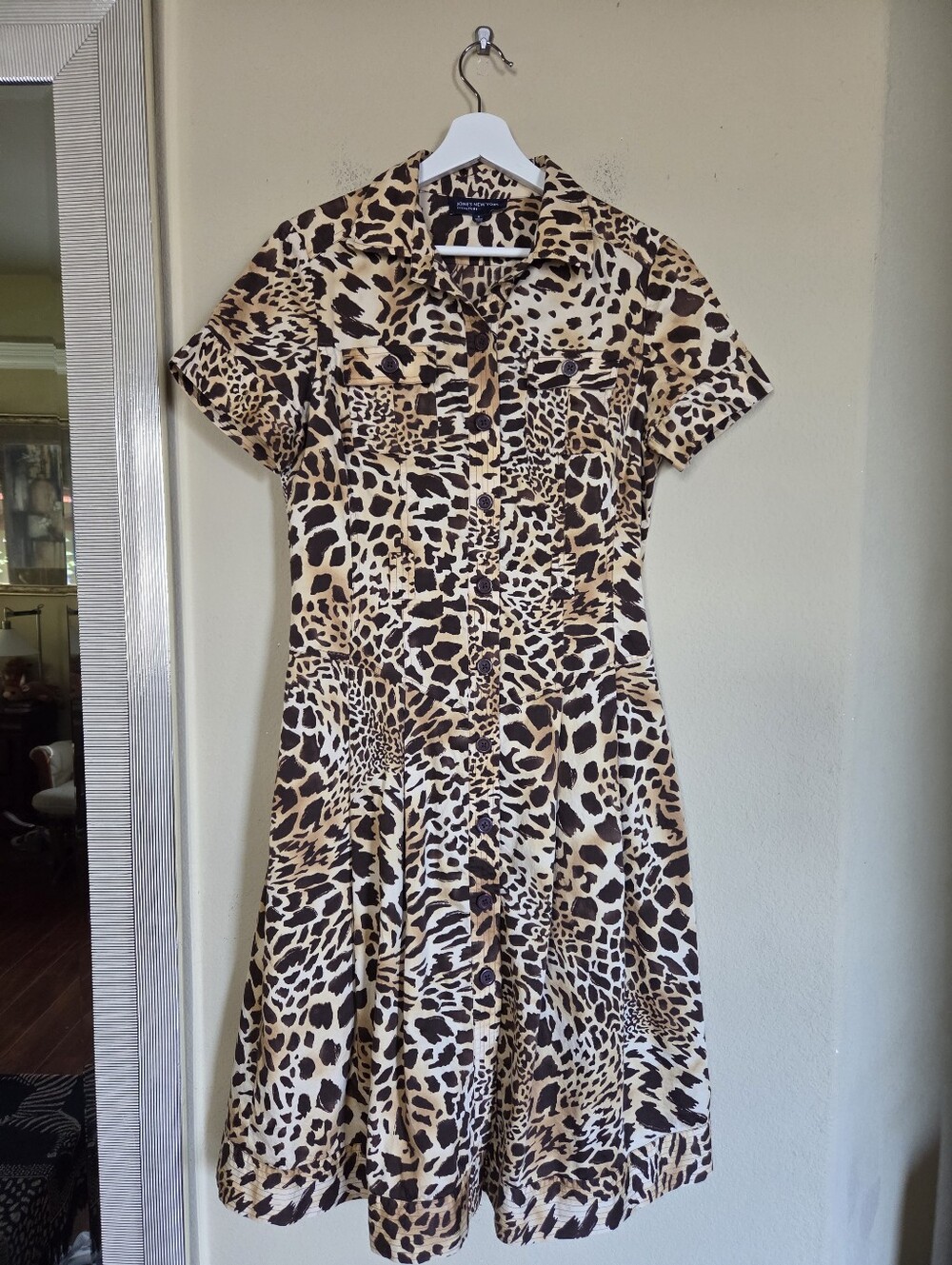Leopard Print Cotton Midi Dress Button Front Drop Waist